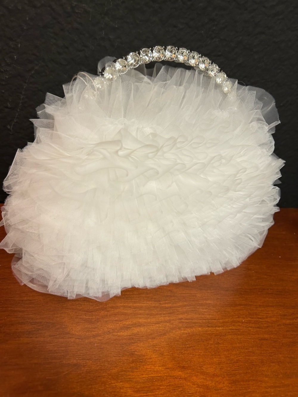 Jewel Badglely Mischka Jazzie Tulle White Ruffle Evening Bag with Crystal Handle